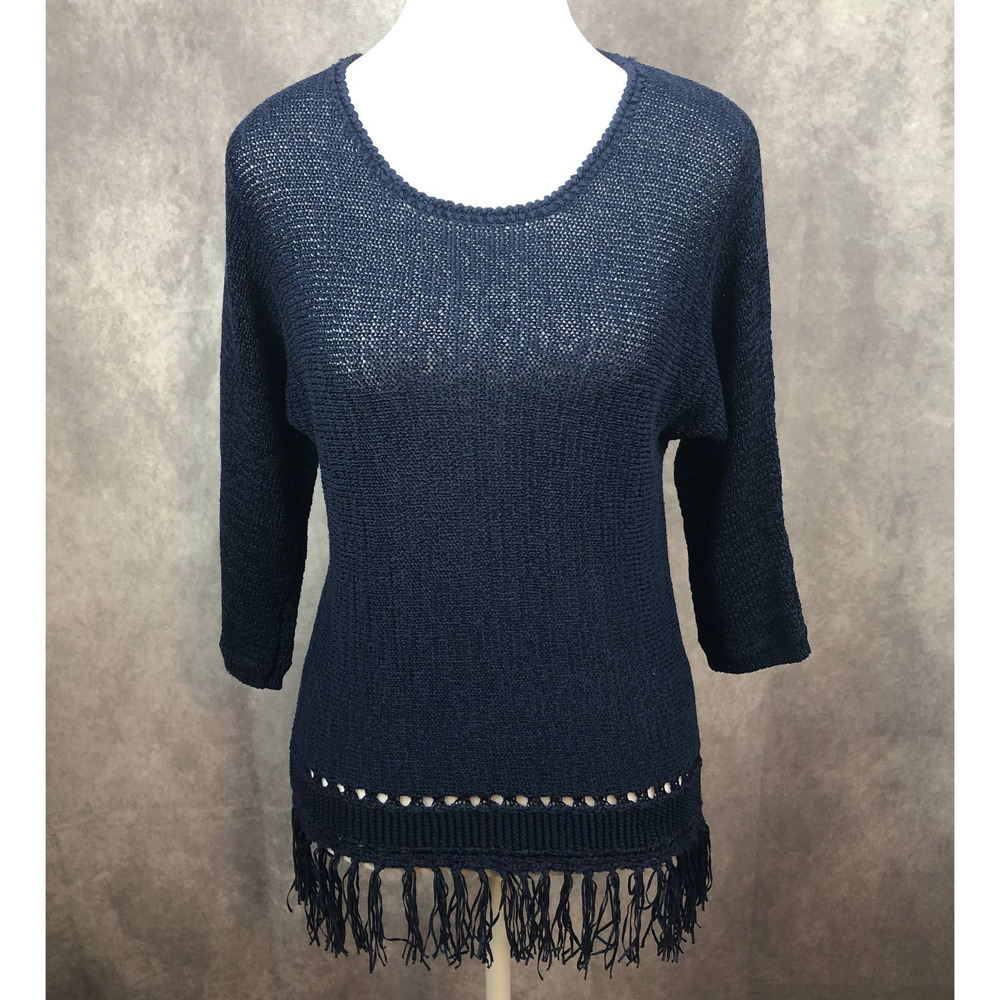 Easywear by Chicos Sweater Womens Small‎ Blue Fringe 3/4 Length Sleeves Boho